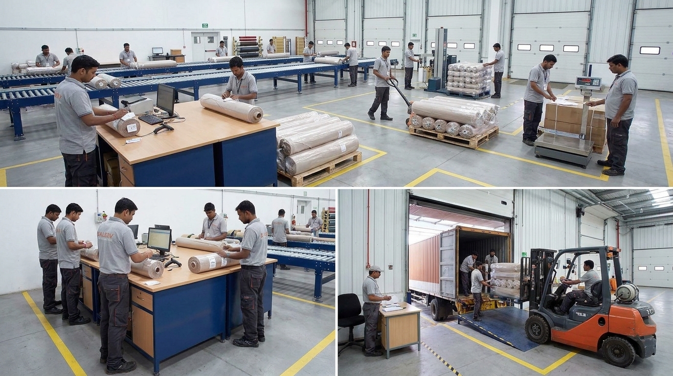 Fabric rolls stored inside the production facility
