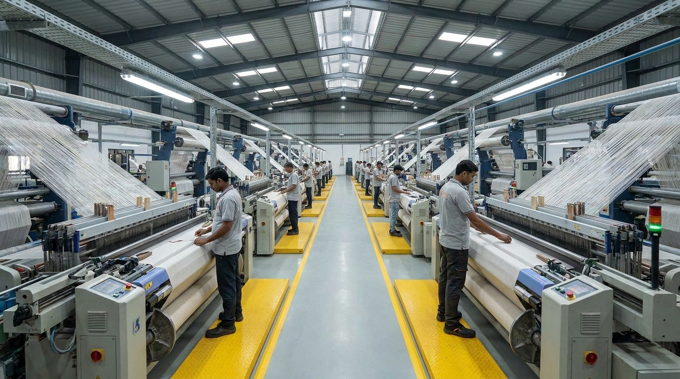 Industrial textile looms operating inside the factory