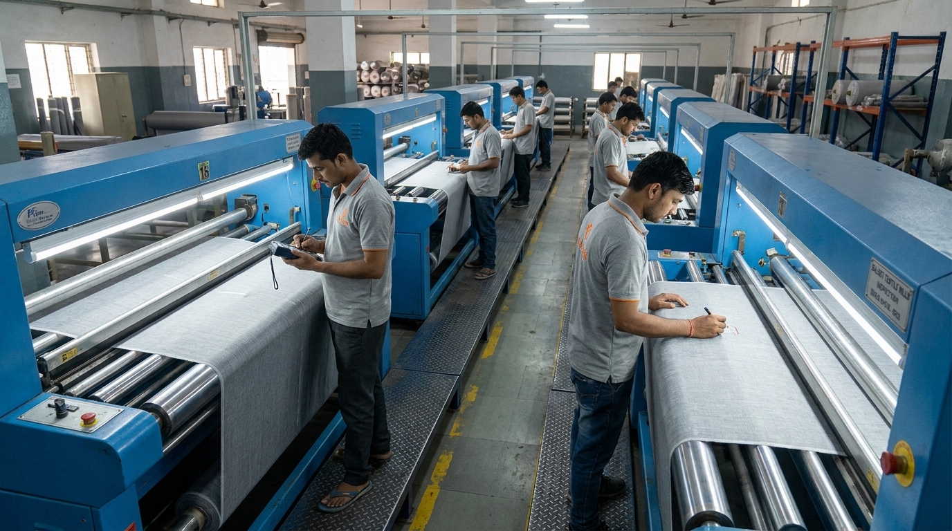 Quality control team inspecting finished fabric