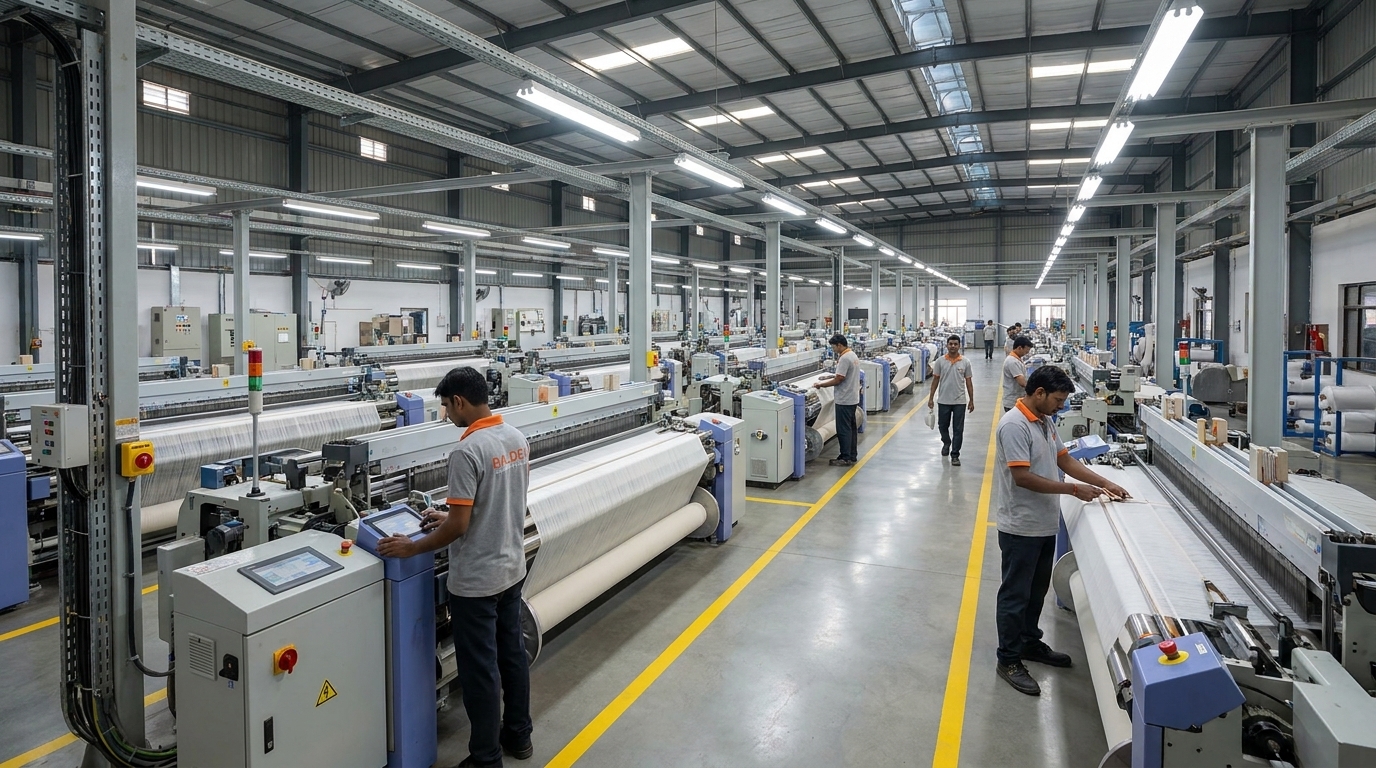 Rapier weaving machines inside the BTM factory
