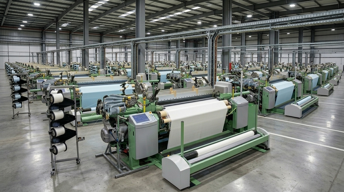 Rapier weaving machines with fabric in production
